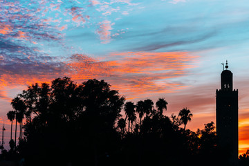 silhouetted minaret tower at marrakech