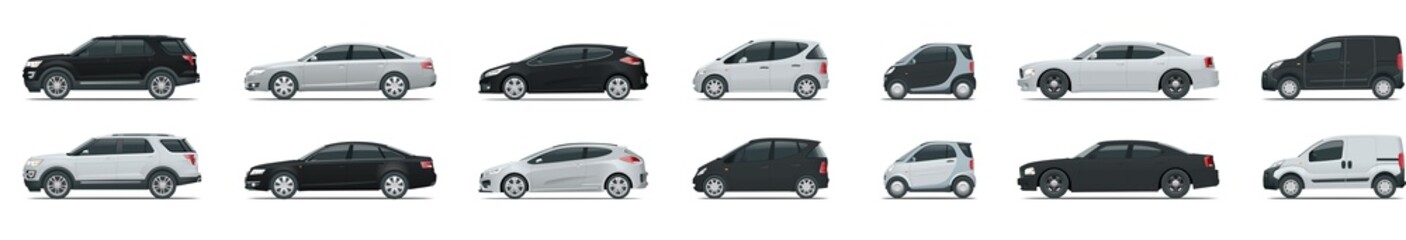 Naklejka premium Widok z boku wektor szablon pojazdu biznes na białym tle. Miejskie, miejskie samochody i pojazdy transportują płaskie wektorowe ikony ustaw.