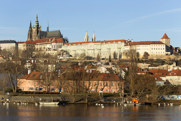 View on the winter Prague gothic Castle above River Vltava, Czech Republic