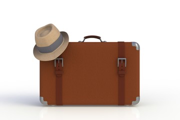 Suitcase of a traveler with  straw hat isolated on white background, 3D rendering