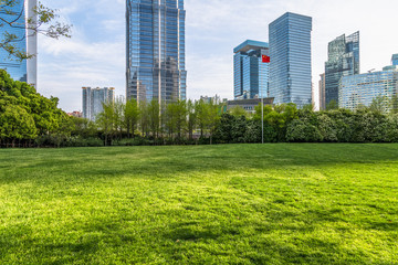Fototapeta premium cityscape and skyline of shanghai from meadow in park.