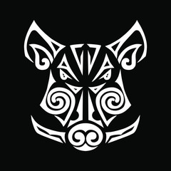 Boar head stylized Maori face tattoo isolated on black background. Symbol of Chinese 2019 New Year. Design element. Vector illustration. 