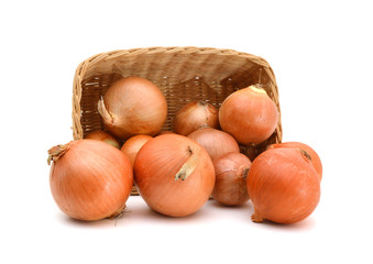 onion fruits in the basket isolated on white background