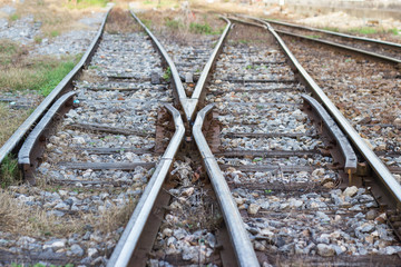 Obraz premium railway track, line crossing railway track on the stone background Bangkok Thailand 