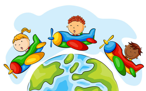 Group of children riding airplane around the world