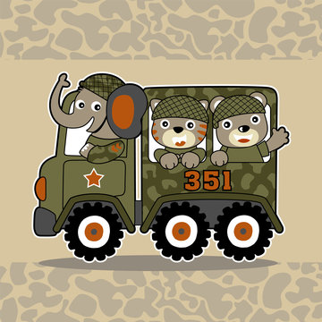 Funny troops on military truck cartoon 