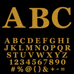 Gold letter, alphabetic fonts with numbers and symbols.