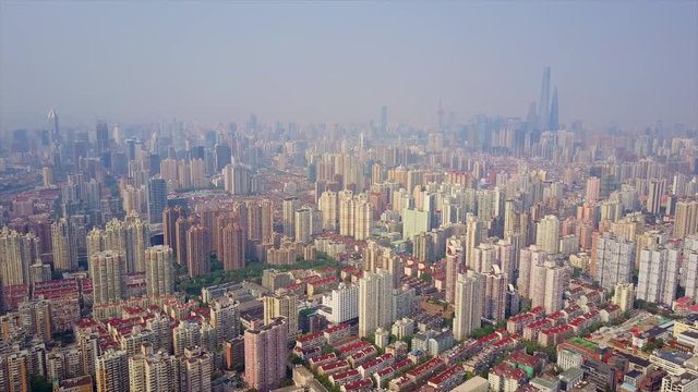 sunny sunset shanghai cityscape aerial panorama 4k china
