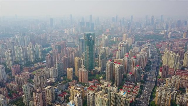sunny sunset shanghai cityscape traffic road aerial panorama 4k china
