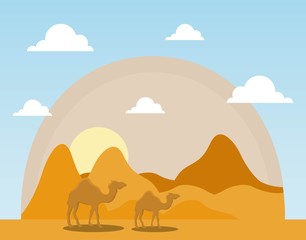 landscape of dry desert with camels 