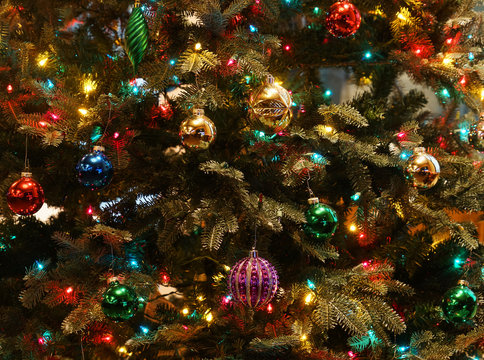 Close up on the decorated Christmas tree in the house