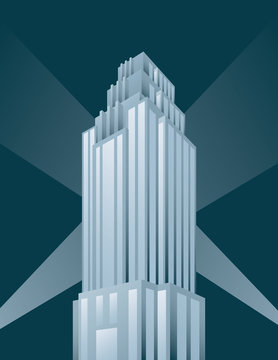 Skyscraper building vector illustration.
Retro art deco style architectural building design with spotlights.