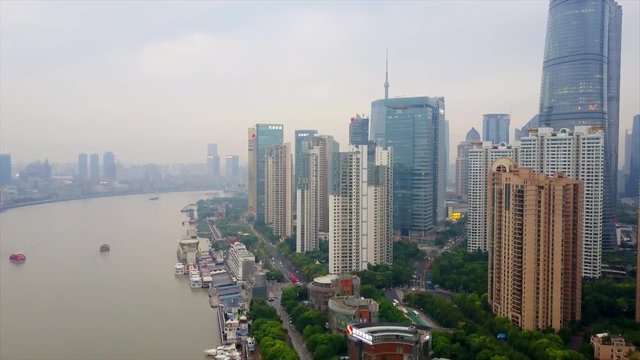 day time shanghai riverside cityscape aerial panorama 4k china
