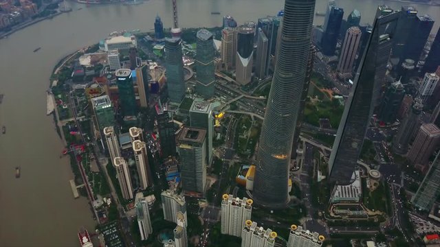 evening time shanghai cityscape pudong downtown tops bay aerial top view 4k china
