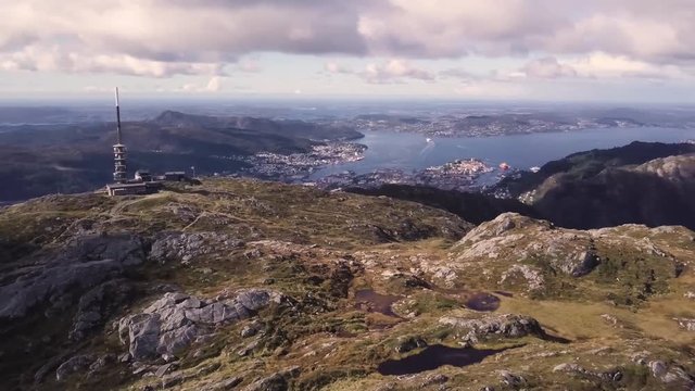 Aerial View of Antenna and Bergen City Norway with Mountain Peak