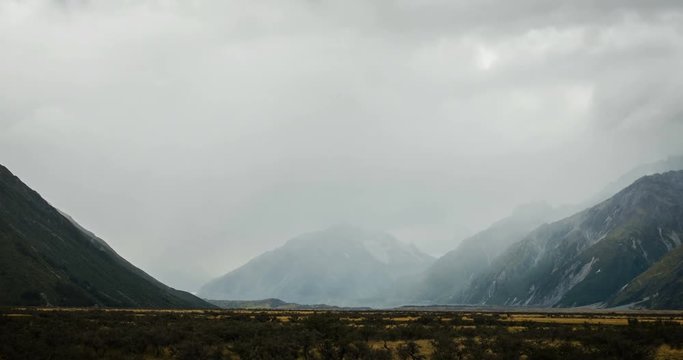 NEW ZEALAND – MARCH 2016 : Timelapse of beautiful mountains with clouds moving in view
