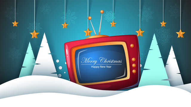 Merry christmas, happy new year. TV, fir, landscape, snow, star.