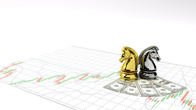 Chess horse money and gold make Profit ,investment stock market candlestick graph 3D Illustration money chart indicator copy space minimal concept financial white background