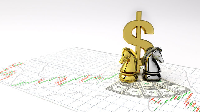 Chess horse symbol gold dollar money and gold make Profit ,investment stock market candlestick graph 3D Illustration money chart indicator copy space minimal concept financial profit background