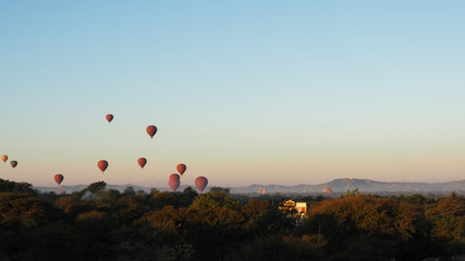 balloon over plain of Bagan in misty morning, Mandalay, Myanmar