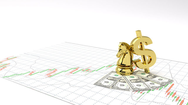 Chess horse symbol gold dollar money and gold make Profit ,investment stock market candlestick graph 3D Illustration money chart indicator copy space minimal concept financial money background