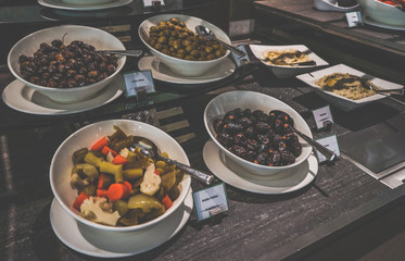 Menu in all-inclusive. Breakfast at the hotel. Cheeses and garnish. Toning instagram.
