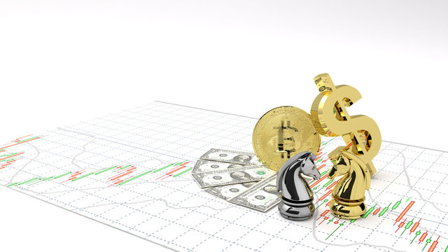 Chess horse buy or sell money and gold bitcoin make Profit ,investment stock market candlestick graph 3D Illustration money chart indicator copy space minimal concept financial money background