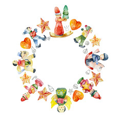 New Year's, Christmas wreath of Christmas decorations, toys, figurines. Watercolor. Illustration