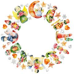 Obraz premium New Year's, Christmas wreath of Christmas decorations, toys, figurines. Watercolor. Illustration
