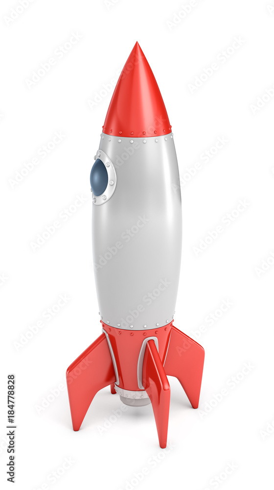 Poster 3d rendering of a single silver and red rocket ship with a round porthole isolated on a white backgr