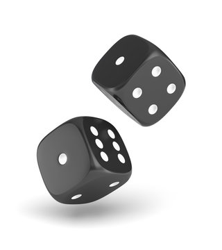 3d rendering of two black dice hanging on a white background