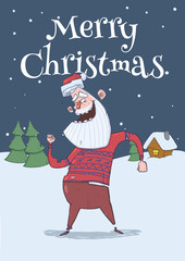 Christmas card with smiling Santa Claus in deer sweater dancing in the snowy night in front of spruce trees and festive house. Vertical vector illustration. Cartoon character. Lettering. Copy space.