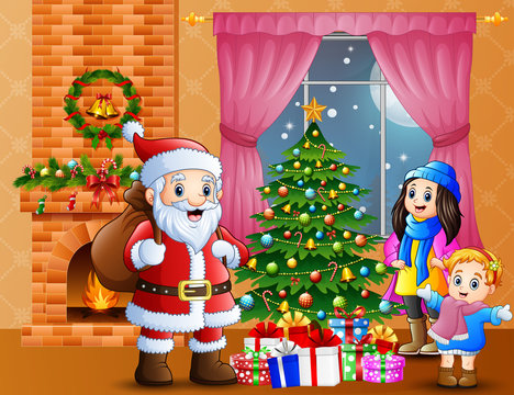 Happy santa and parent with daughter in the living room with christmas and new year decoration