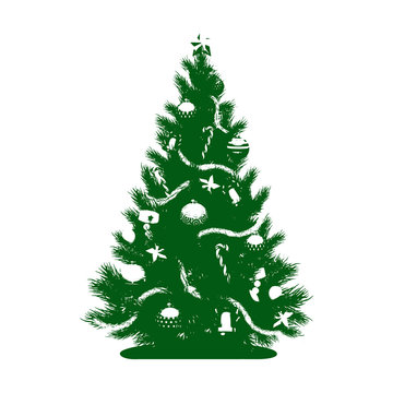 Green Silhouette of a Christmas tree with toys and a star, on white background
