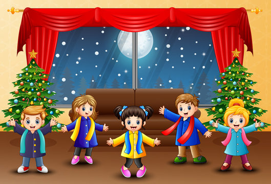 Living room decoration for christmas and new year with happy kids
