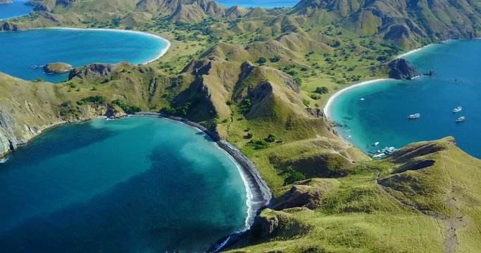 A slow flight over a beach on Pulau Padar Island in the Komodo National Park in Indonesia.
