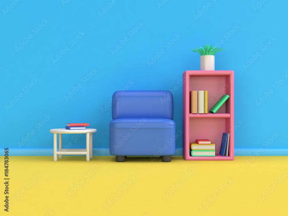Poster blue room scene yellow floor abstract cartoon style sofa bookshelf table 3d rendering