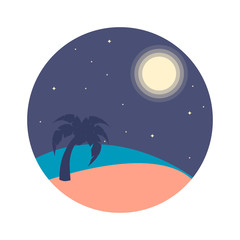 Vector illustration of night beach with palm tree, moon and starts on background. Flat design for logo, sites or product design