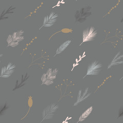 Floral vector seamless pattern with hand drawn pine and fir trees twigs, branches, laurels and berries. Festive winter holidays or christmas background.