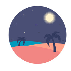 Vector illustration of night beach with two palm tree. Flat design for logo, sites or product design