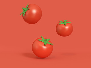 three red tomato floating red background 3d rendering cartoon style