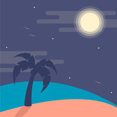 Vector illustration of night beach with palm tree, moon and starts, birds on background. Flat design for logo, sites or product design