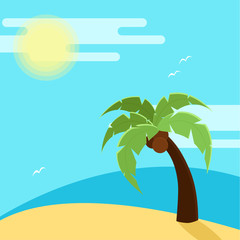 Vector illustration of beach with palm tree. Flat design for logo, sites or product design