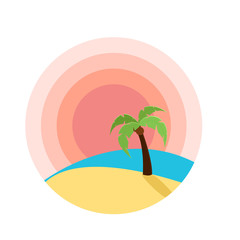 Vector illustration of sunset on beach with palm tree. Flat design for logo, sites or product design