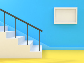 white mock up frame blank space stairway blue wall abstract room 3d rendering