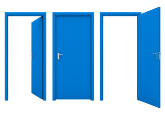 Open blue door isolated on a white background. 