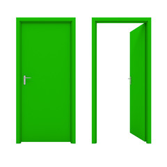 Open green door isolated on a white background.
