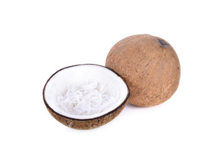 whole and half cut mature coconut for oil preparing and coconut milk on white background