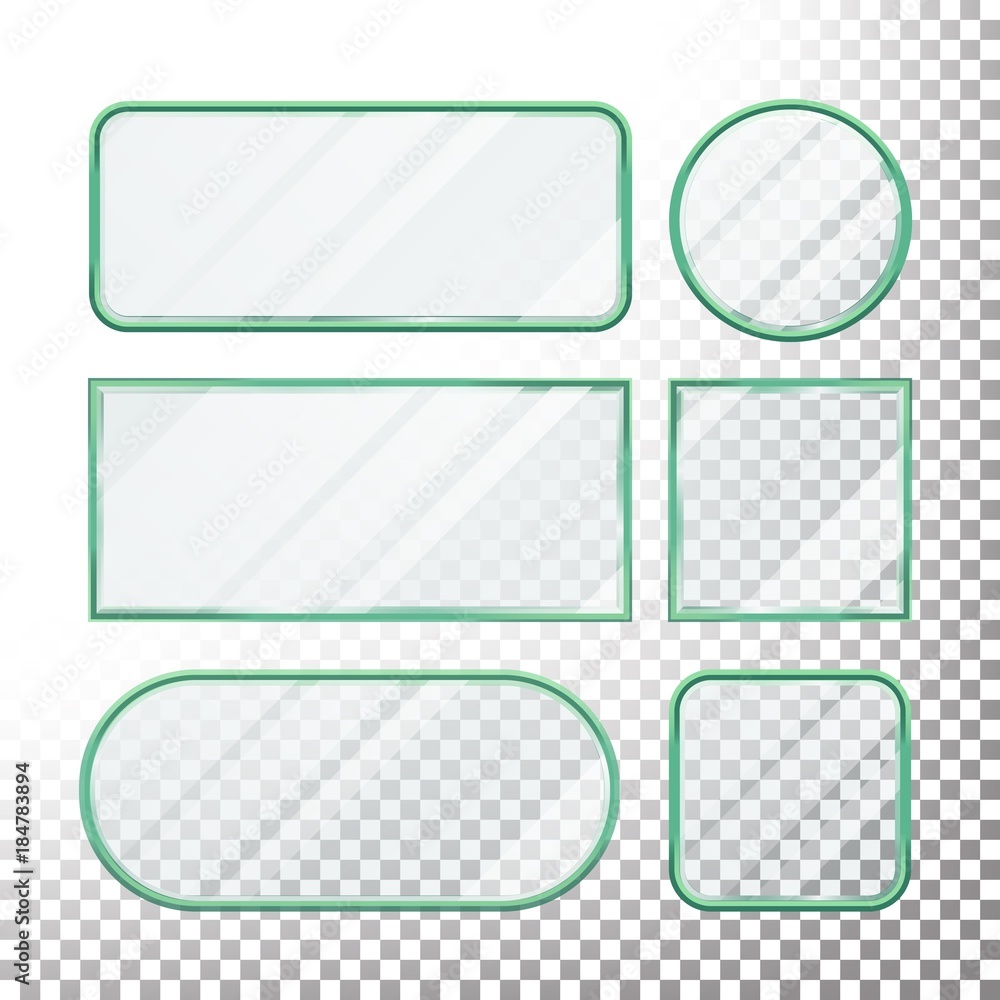 Poster transparent glass buttons vector. glass plates elements. set square, round, rectangular shape. reali