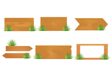 Wooden blank board signs spring time with grass. Vector illustration.
